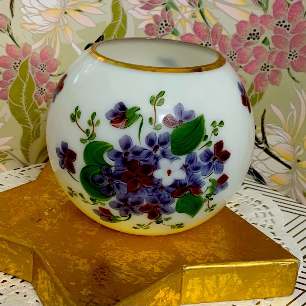 Consolidated Glass bowl vase  violets white Glass aprox 4.75 " handpainted